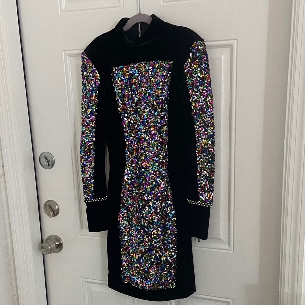 NADINE MERABI Black Dress with Multicolor Sequins